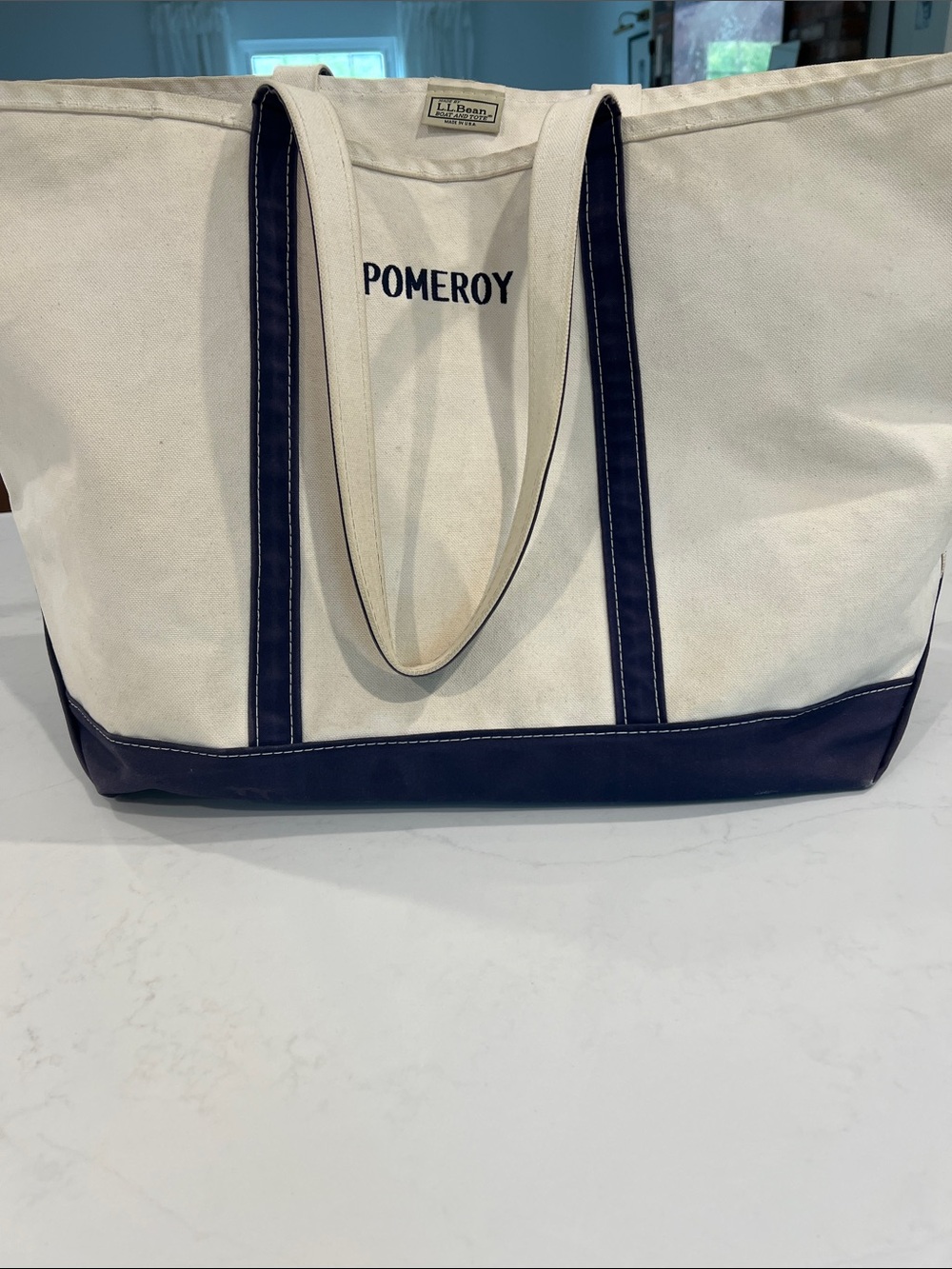 L.L. Bean Cream XL Canvas Tote with Navy Trim - Personalized POMEROY